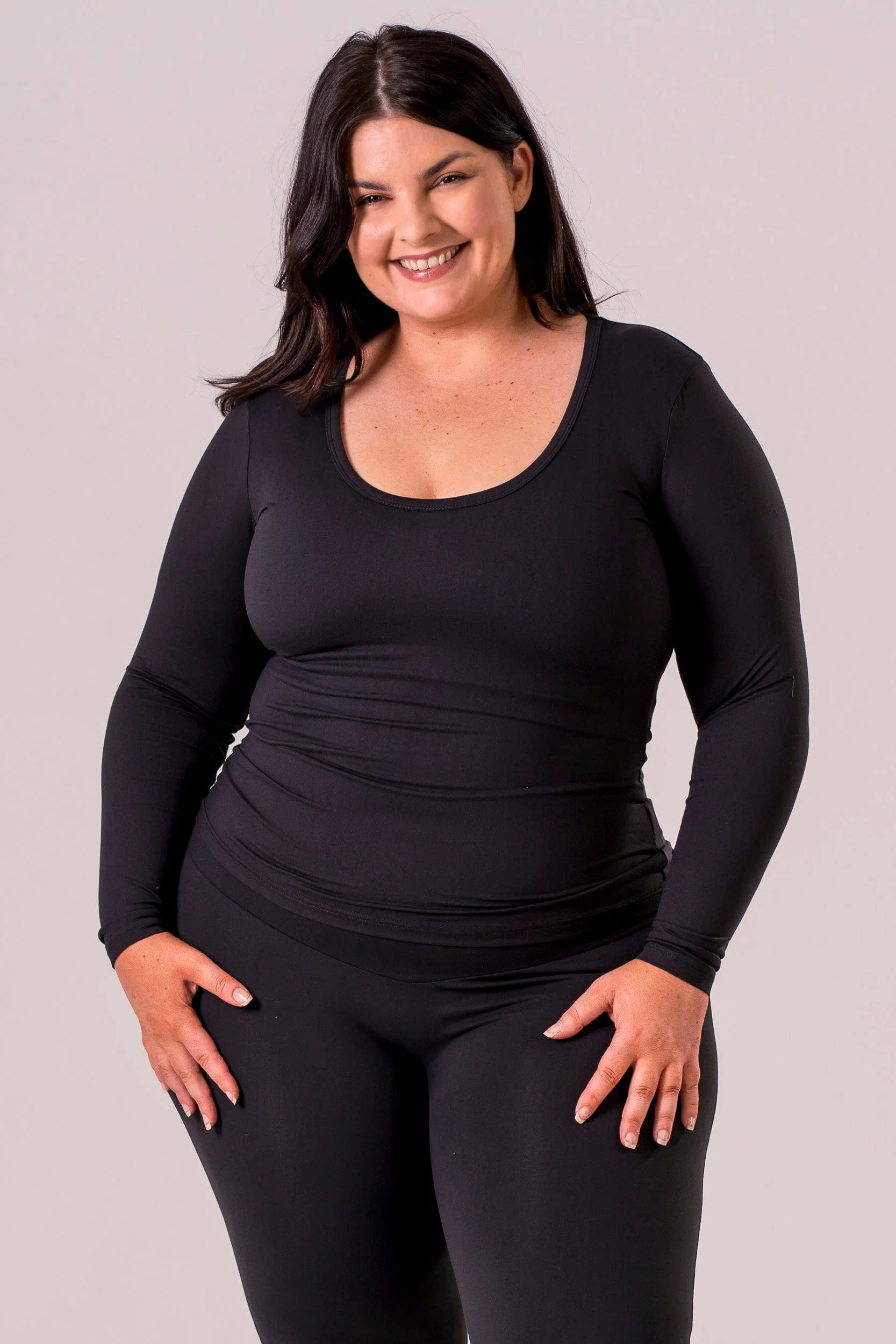 Black Fitted Scoop Neck Long Sleeve Tee